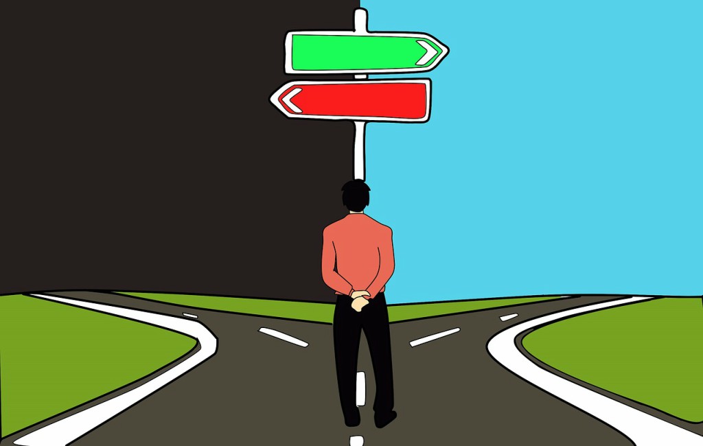 decision making, choice, 2 ways, man standing, 2 roads